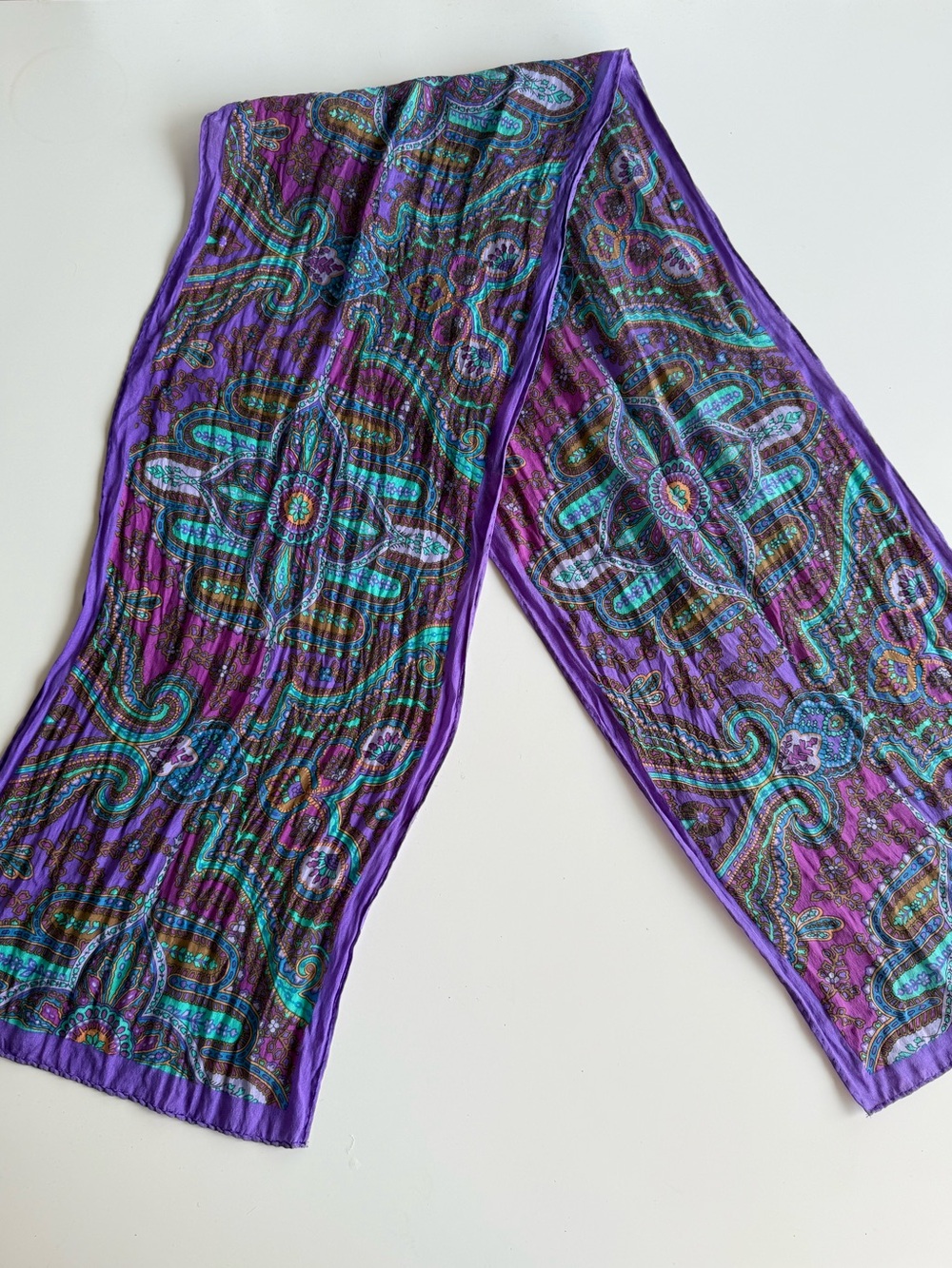 Vintage 70s Silk Scarf Purple Turquoise Paisley Boho Long Neck Scarf 48”